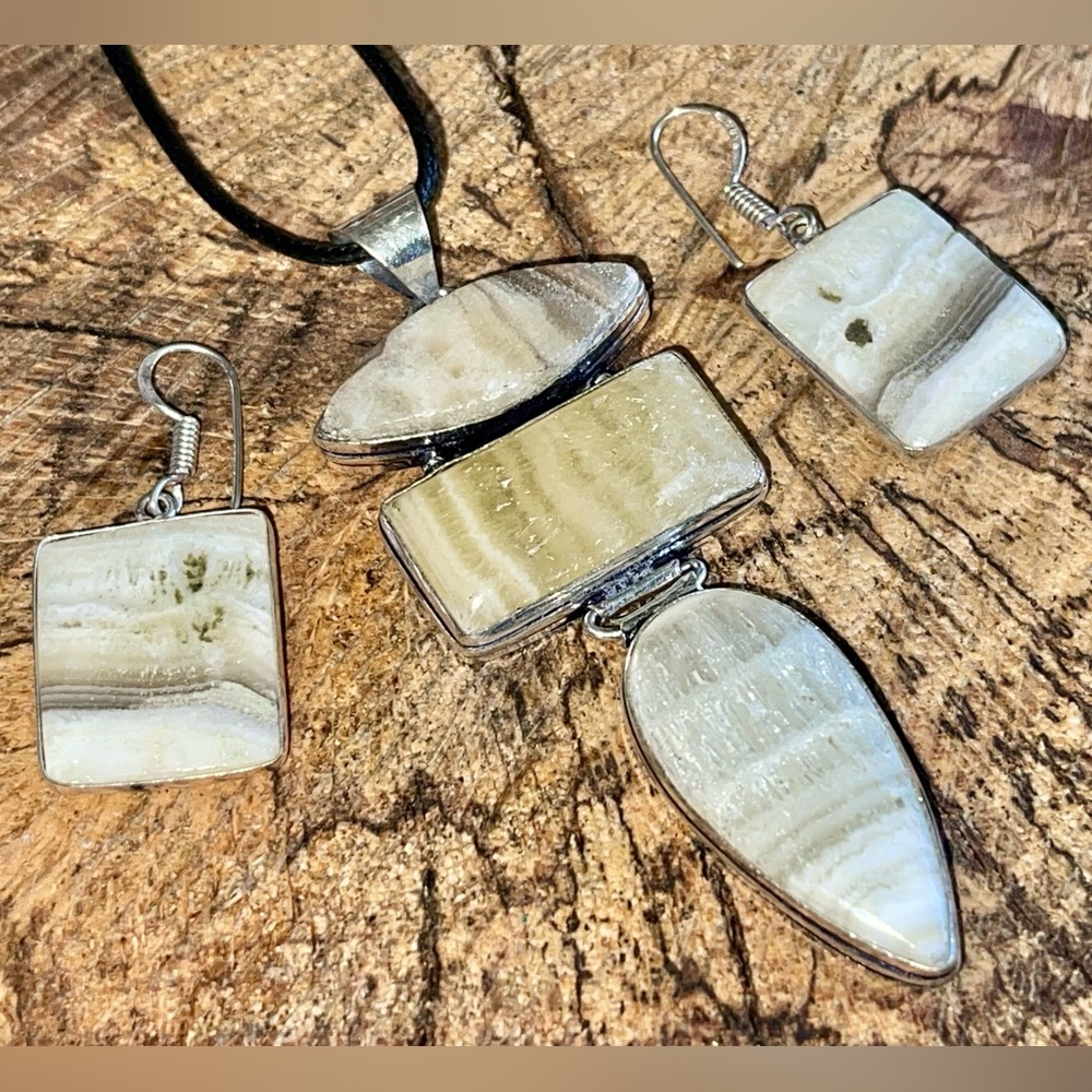Yellow Zebra Calcite Earrings & Pendant Set